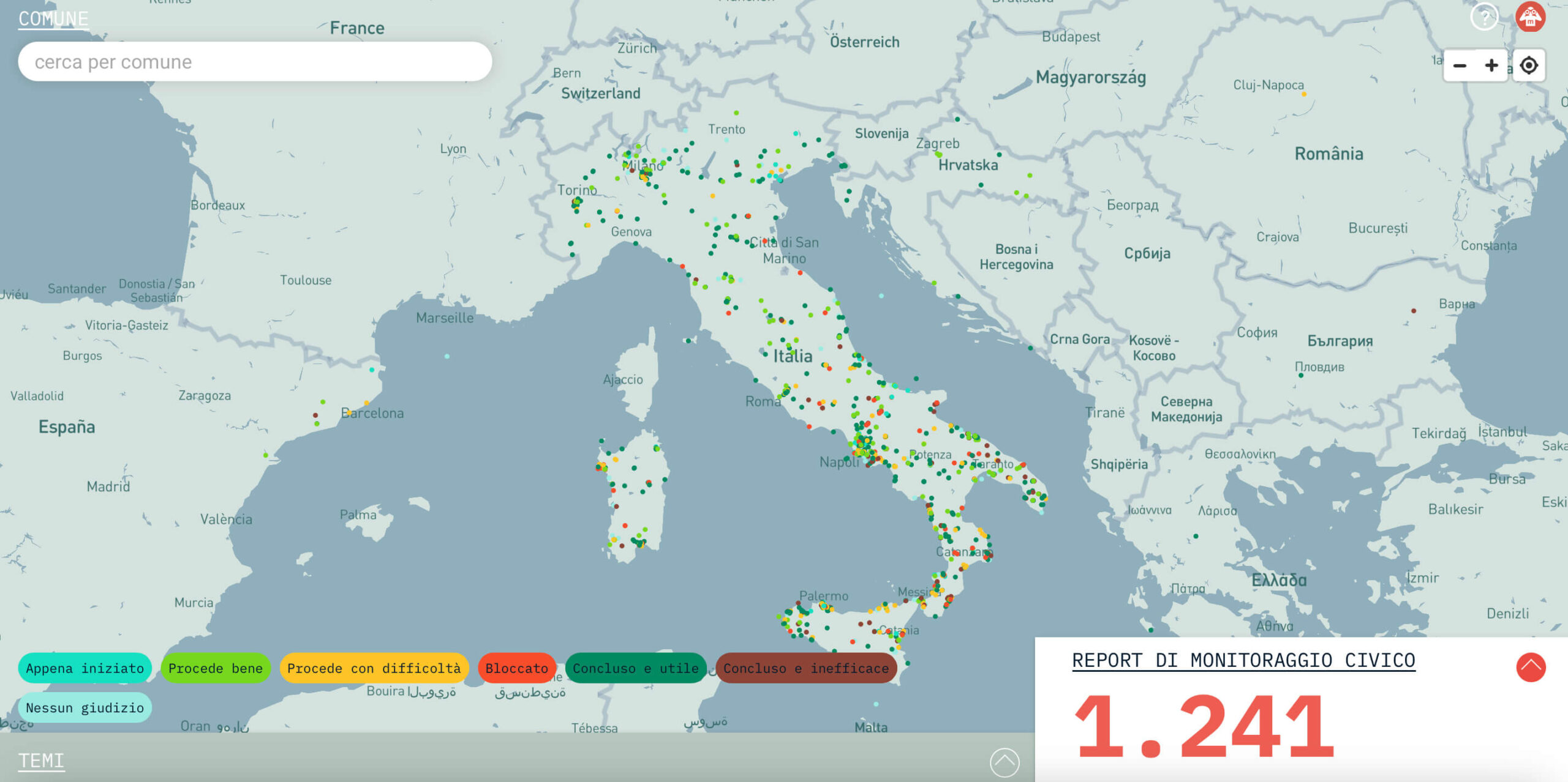 Una schermata dal sito di Monithon con la mappa dei progetti monitorati - monithon.eu