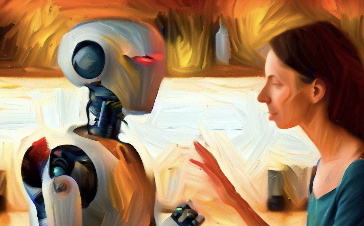 Intelligenze artificiali: una donna discute al bar con una AI - Immagine realizzata con Dall-e-2