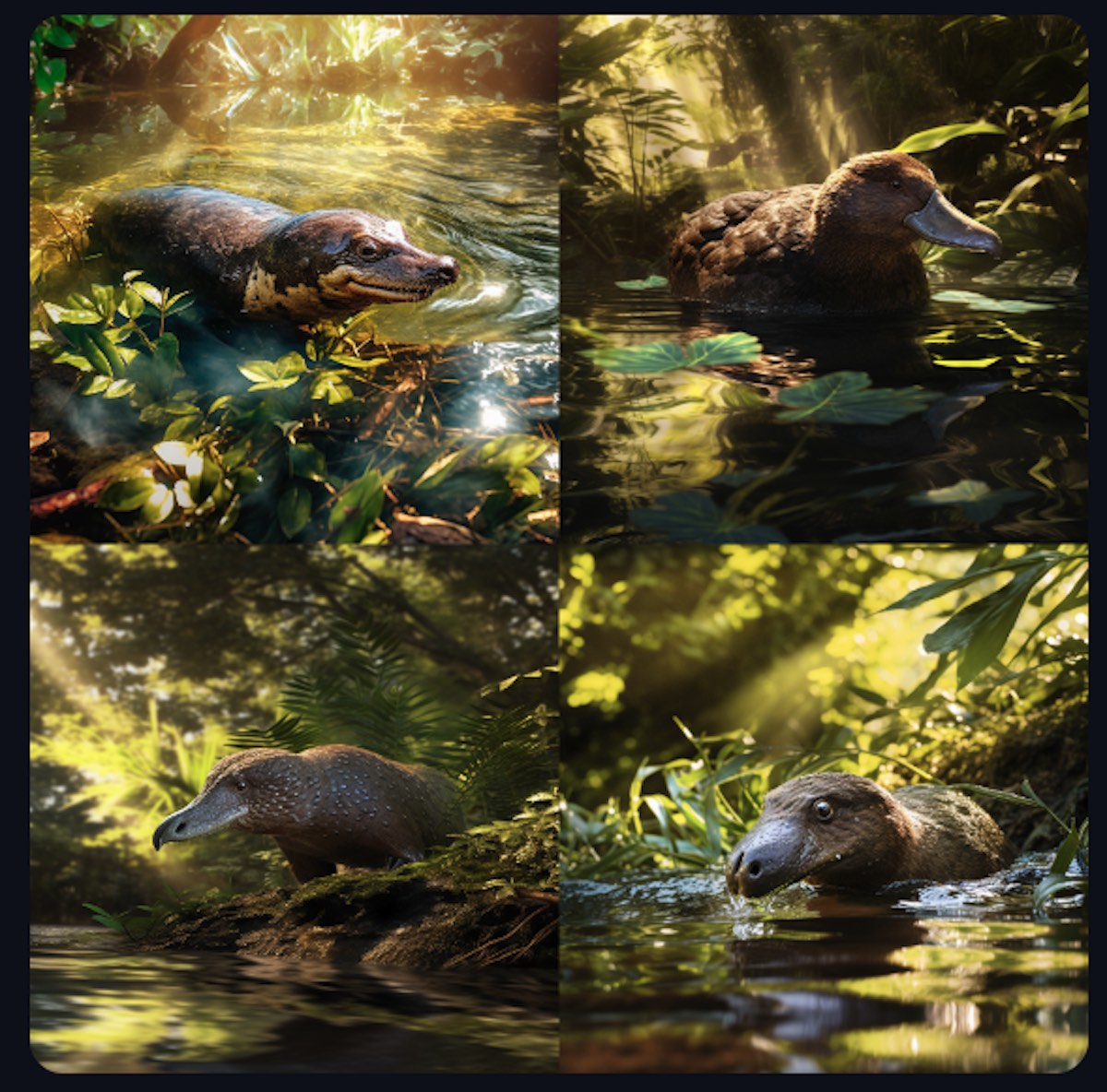 L'ornitorinco secondo Midjourney. Il prompt originale per farlo creare era: «Generate an image of an adult platypus( Ornithorhynchus anatinus) in its natural habitat. The creature is positioned half in, half out of a clear, gurgling stream, surrounded by lush Australian bush vegetation. The sunlight filters through the overhead foliage, casting dappled shadows on its wet, dark - brown, waterproof fur. The platypus is mid - motion, with droplets of water falling from its body as it emerges from the stream. The streamlined body is about 50 centimeters long, somewhat resembling a compact, chunky otter. It has a distinct, flat tail, similar to that of a beaver, serving as a fat reservoir, that appears sleek and is partly submerged in the clear water. The creature's most striking feature, the duck - billed snout, is clearly visible. It's a flexible, rubbery, and sensitive organ, a shade darker than the body, which it uses to detect its prey underwater. Its eyes are small, round, and alert, with a spark of inquisitive intelligence. They are closed, protecting it from the water. No external ears are visible, hidden behind the fur, but the platypus is still capable of sensing sounds around it. Webbed, clawed feet paddle at the water's surface, showing off their full expansion. When on land, the webbing retracts, exposing more of the claws which help in digging burrows. Lastly, just visible beneath the water surface, is the male platypus's infamous spur on the hind limb, a sharp point that can deliver a venomous sting, a rare trait among mammals. This image encapsulates the unique features and mysterious charm of the platypus, truly one of nature's most interesting creations».