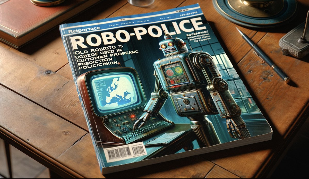 Un'immaginaria copertina di un'altrettanto immaginaria vecchia rivista dal titolo ROBOPOLICE realizzata con Dall-e su idea di Alberto Puliafito