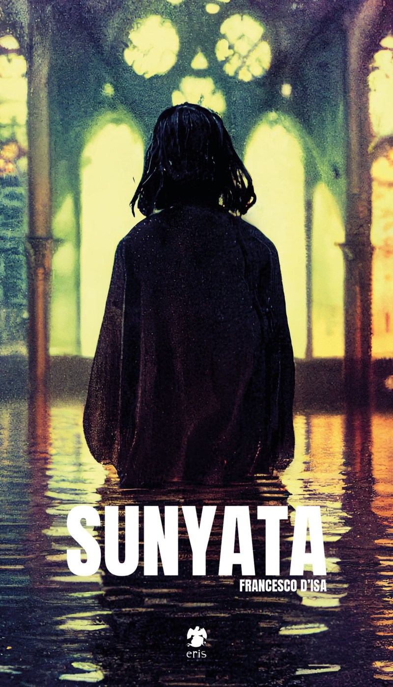 La copertina del libro Sunyata, generata da Francesco D'Isa con un'intelligenza artificiale Text To Image. L'immagine mostra la sagoma di una ragazza all'interno di una chiesa allagata.