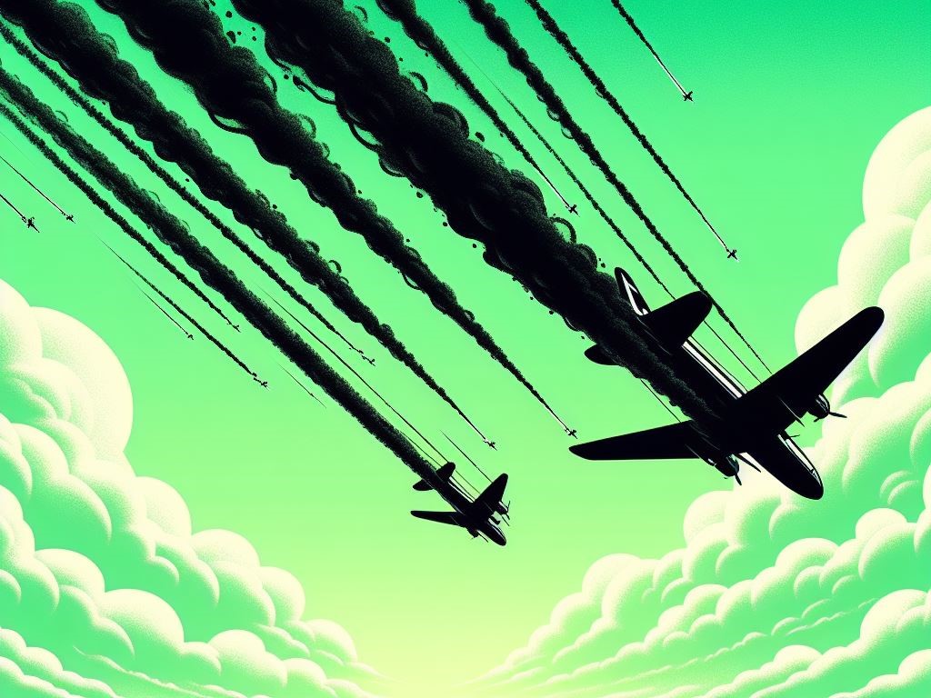 Illustrazione di aerei che volano in un cielo verde rilasciando scie chimiche. Sintografia generata con Dall-e