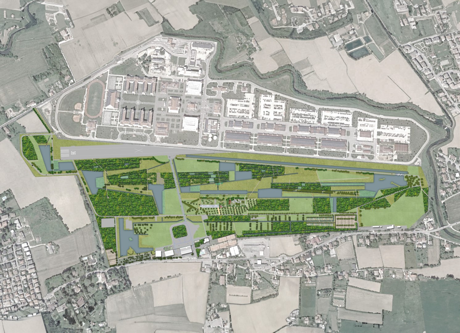 Una vista satellitare del Parco della Pace (colorato) e, al di sopra, la base militare Usa di Vicenza - Foto: panassociati.it