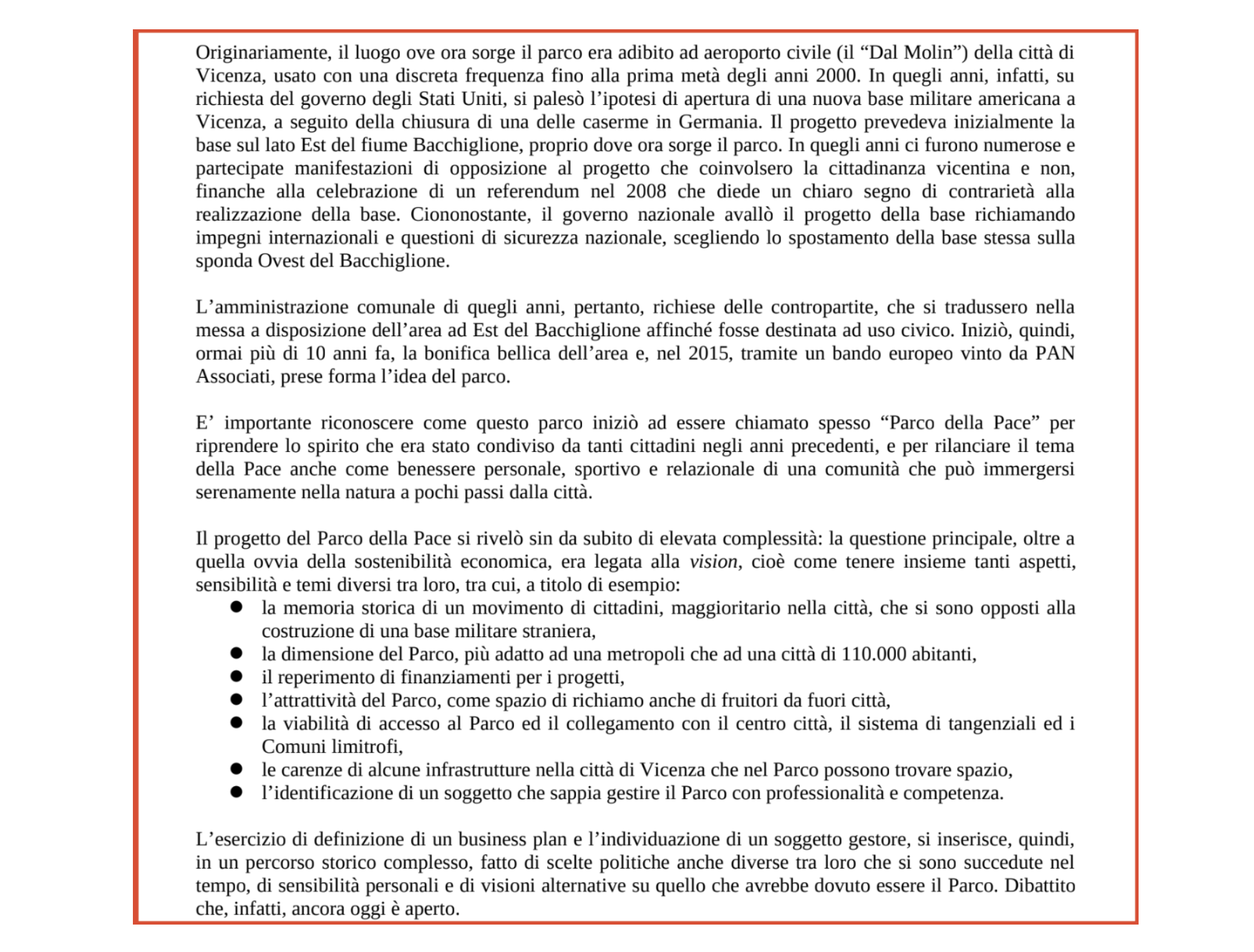 Un estratto del business plan del Comune di Vicenza per il Parco della Pace