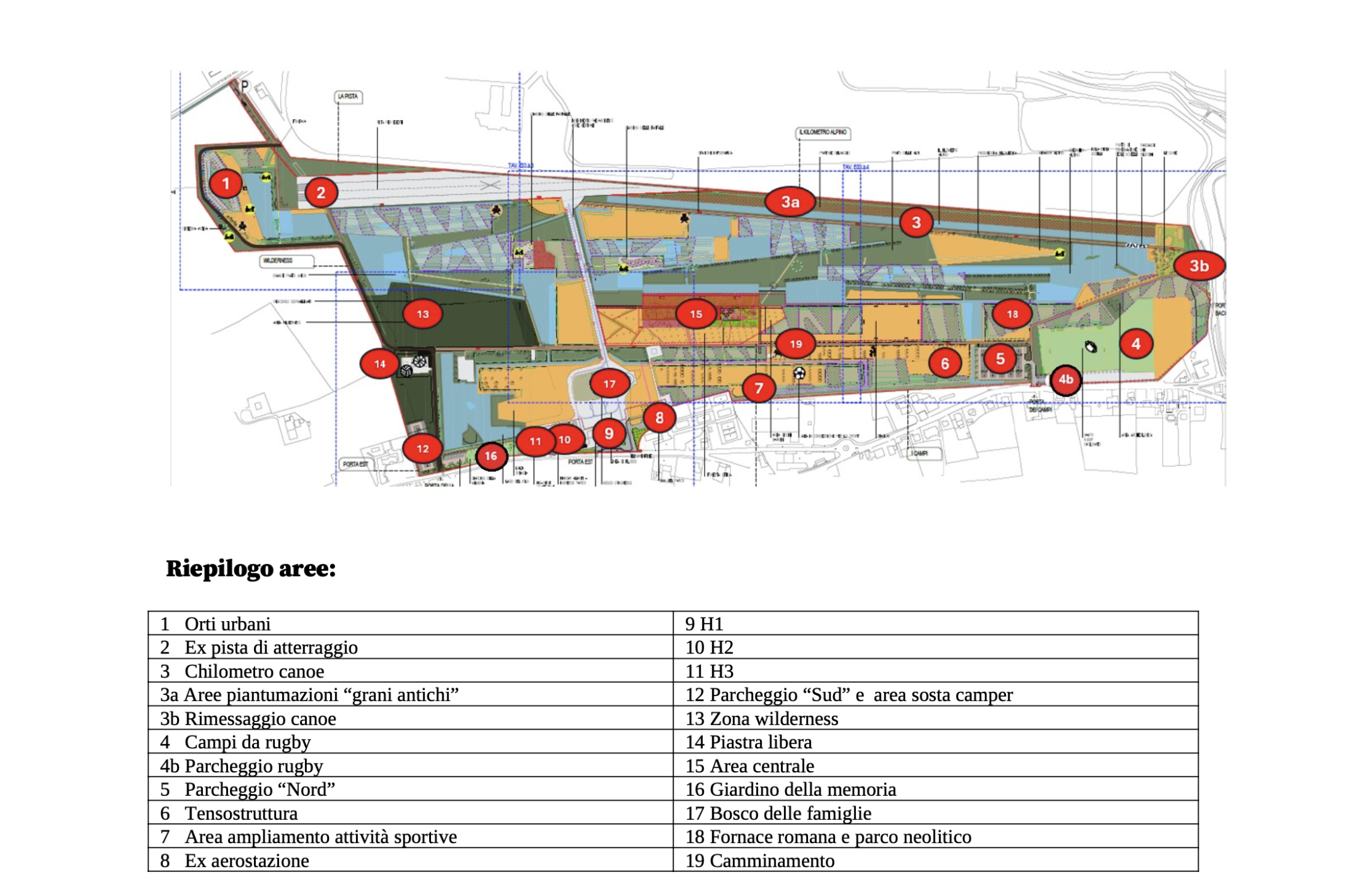 La mappa con le funzioni del Parco della Pace - Business plan del Comune di Vicenza