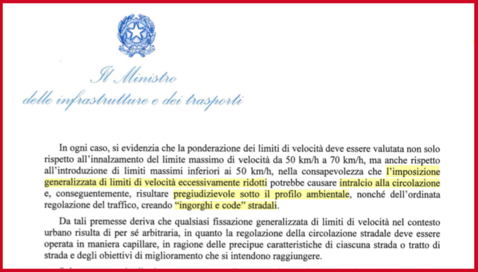Un passaggio della Direttiva n. 4620 del 01/02/2024: usa toni molto critici verso l’estensione del limite dei 30, definiti causa di ingorghi e inquinamento.